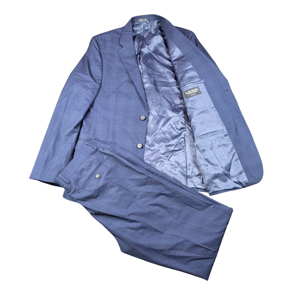 Lauren Ralph Lauren Suit Blue Glen Plaid Mens 40R 34x36 Slim Fit 100% Wool Set